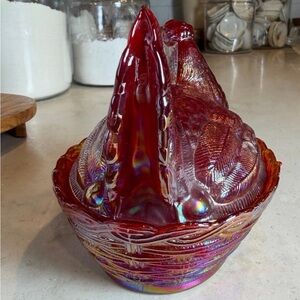 Iridescent Red Glass Hen on Basket